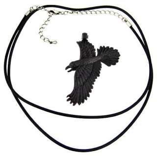 Black Enamel Raven Pendant / Cord Necklace Crow  