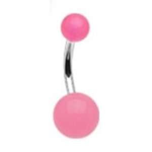  Steel Belly Button Navel Ring with Pink Glow in the Dark Balls 