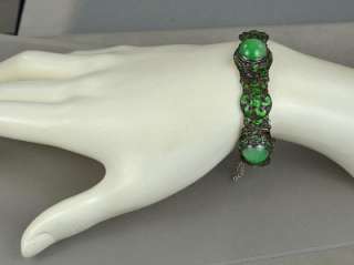 silver bracelet with emerald apple green jade jadeite stones marked 
