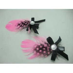  Pink and Black Feather Hair Clips 