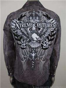   Couture Shirt Mens Large Eagle Sword Crown Stone Gray Button Front New