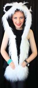 FURRY FLUFFY FUR WHITE HOODED SCARF EARS BY INSANITY  