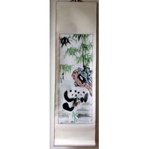  Chinese Watercolor Painting Scroll Panda Bamboo 