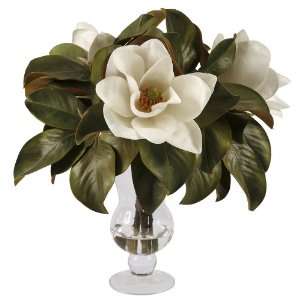 Jane Seymour 20 White Magnolia Faux Flowers in Glass Vase:  