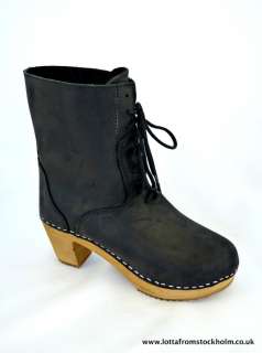 MOHEDA Combat Style Lace Up Clog Boots in Black Leather  
