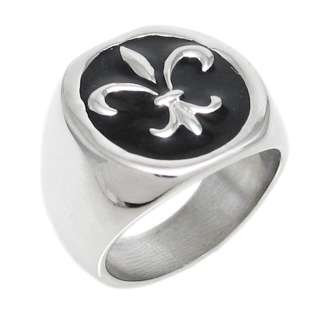 Stainless Steel Royal Embossed Black Enamel Fleur De Lis Band Ring 