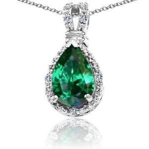 CandyGem 14k Gold Lab Created Pear Shape Emerald and Diamond Pendant 