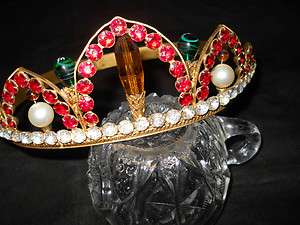 Ruby Topez Pearl Rhinestone Vintage Brass Tiara Queen Princess Pageant 