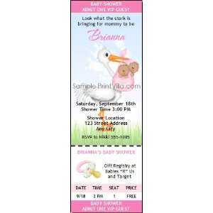  Pink Stork Baby Shower Ticket Invitation