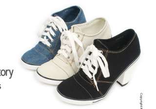 Women Canvas High Heels Sneakers Tennis Shoes Beige/Black/Blue US 5.5 