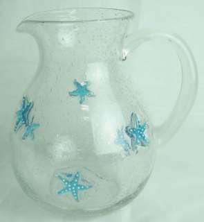 Crystal Bubble Glass Blue Starfish Water Pitcher 9 1/4 inches  