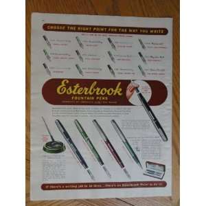  Esterbrook Fountain Pens, Vintage 50s full page print ad 