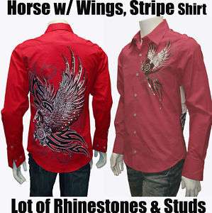 MEN Dress Shirt,Horse with Wings w/Rhinestone & Stripe Design Size L 