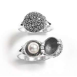  Sterling Silver Marcasite and Hidden Pearl Ring Size 8 
