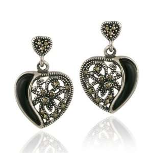    Sterling Silver Onyx & Marcasite Heart Dangle Earrings: Jewelry