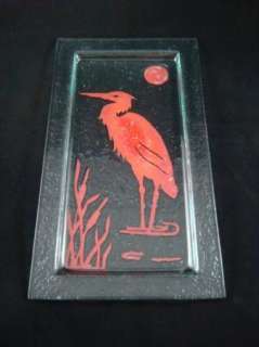 Charlton Signed Fused Glass Crane Bird Art Platter  