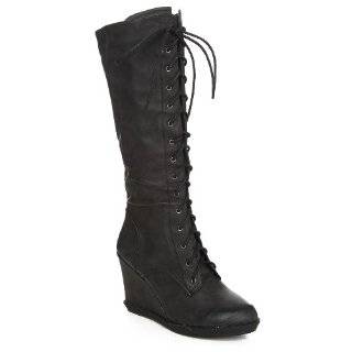 Qupid Black Burnish Lace Up Wedge Boots