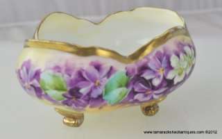 VTG Violets Open Sugar Bowl Quatrefoil Shape Footed Hand Painted 