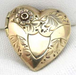   FLORAL GOLD FILLED STERLING PUFFY HEART LOCKET PIN BROOCH*4g  