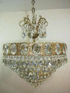 Antique Huge 7 Light Brass and Crystal Vintage Basket Chandelier 