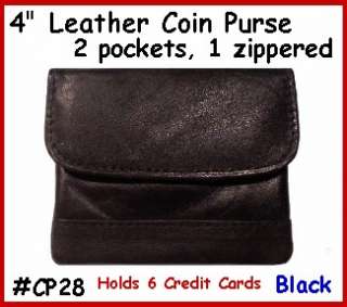 BLACK LEATHER 2 pocket Credit Card & zipper COIN Purse  