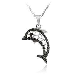 Sterling Silver Black Diamond Accent Filigree Dolphin Necklace 