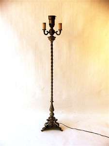 Antique Brass & Iron Revival Torchere, 3 Arm Floor Lamp  