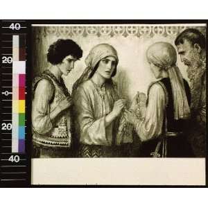  Four people in Slavic costume,woman giving another beads 