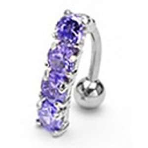  Reverse Belly Button Navel Ring with Purple Cz Stones and 