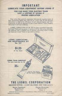 Orig LIONEL LUBRICATE FIRST INST SHEET   1950   VG/EXC  