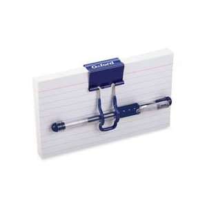   index cards secured by a blue binder clip. The clip also holds a blue