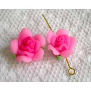 : 10pcs PINK Handmade Leafy Clay Rose Flower Beads 15mm ~Loose Beads 