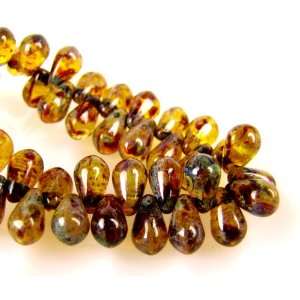  6mm Amber Picasso, Czech Glass Drop Beads, (50) 