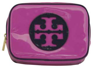 Tory Burch Hibiscus Pink Navy Patent Medium Cosmetic Case Bag New 