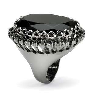 Palm Beach Jewelry Black Ruthenium Black Glass and Crystal Ring   Size 