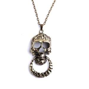 : Cool Bronze Hollow Skull Biting Ring Pendant Copper plated Necklace 