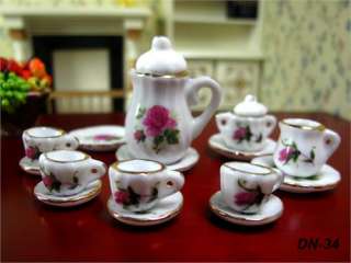 15pcs/set 1/12 Dollhouse Miniature Chinaware Porcelain Tea Pot,Cup 