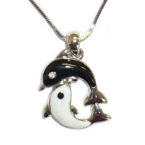 16 Chain with Black & White Dolphins Pendant Jewelry