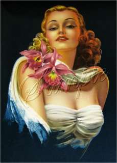 1930s VINTAGE PIN UP GIRL ORCHID CORSAGE CANVAS ART BIG  