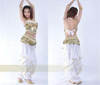 Egypt Style Belly Dance cloth top&gold wavy pants white  
