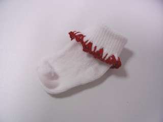 NEWBORN PREEMIE BABY WHITE SOCKS W/ RED TRIMMING  