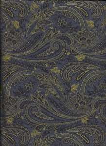 KASHMIR GRAY BLACK PAISLEY MET GOLD Cotton Quilt Fabric  