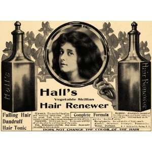 1908 Ad Halls Vegetable Sicilian Hair Renewer Tonic   Original Print 