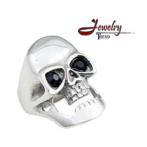 Stainless Steel Skull Ring Black CZ Stone Eyes  