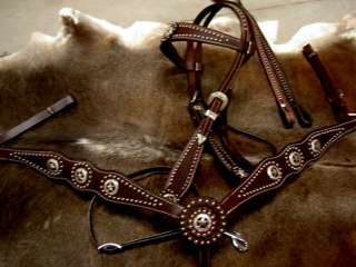   WESTERN LEATHER HEADSTALL BREAST COLLAR REINS BROWN TACK SET STAR