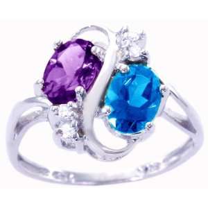  14K White Gold Twin Oval Gemstone and Diamond Ring Multi 