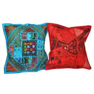   Red Mirror Banjara Sari Pillow Cushion Covers 16x16 inches FREE SHIP