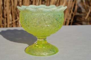 Early Daisy and Button Opalescent Vaseline Glass Footed Compote  
