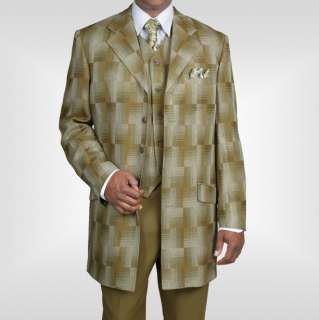 Mens 3 piece Milano Moda Unique Olive Color Plaids and Check Suit 