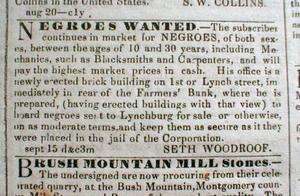 Rare 1853 Lynchburg VIRGINIA newspaper SLAVES WANTED AD  